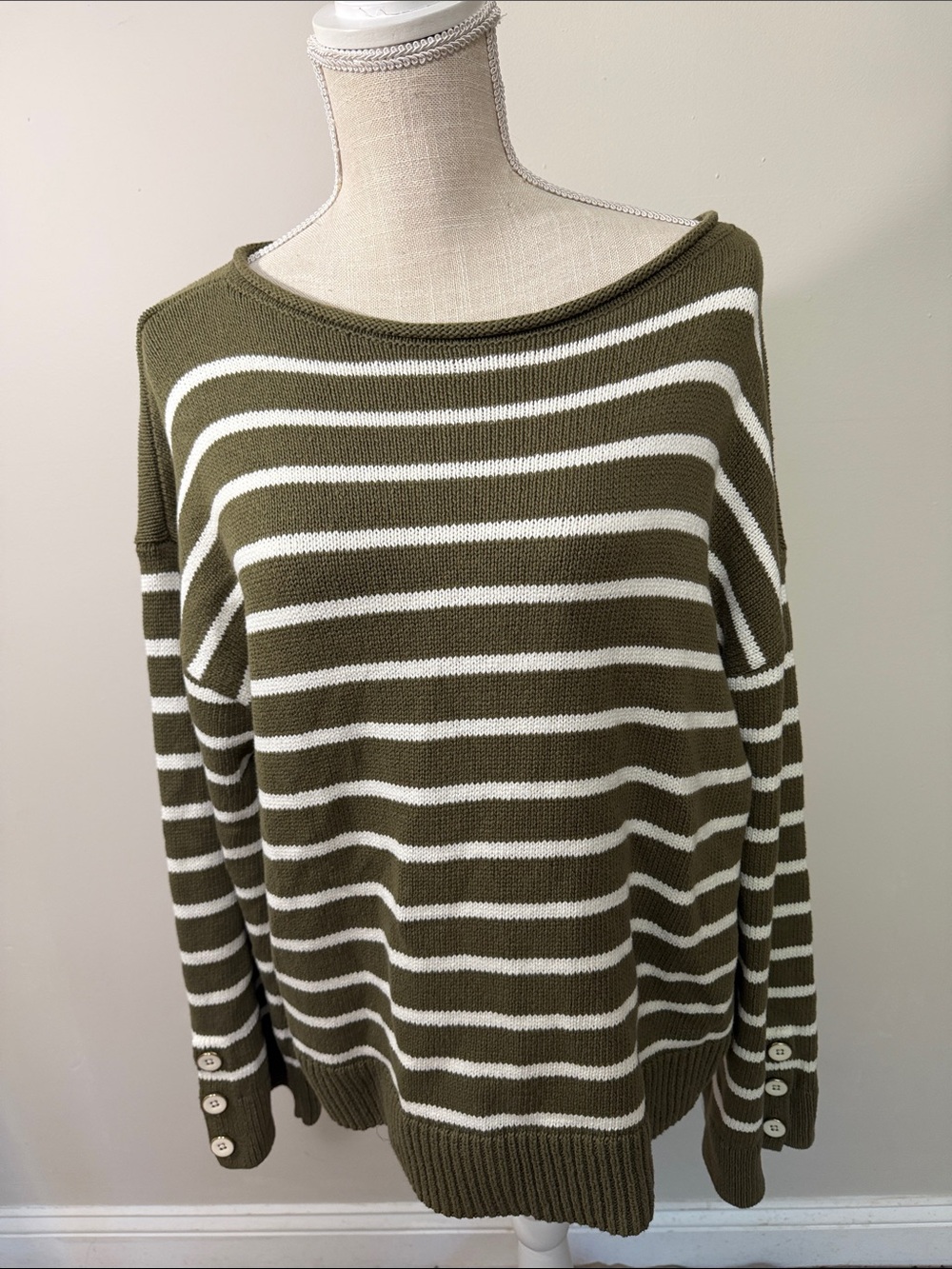 Talbots Olive Green and White‎ Striped Off-the-Shoulder Sweater